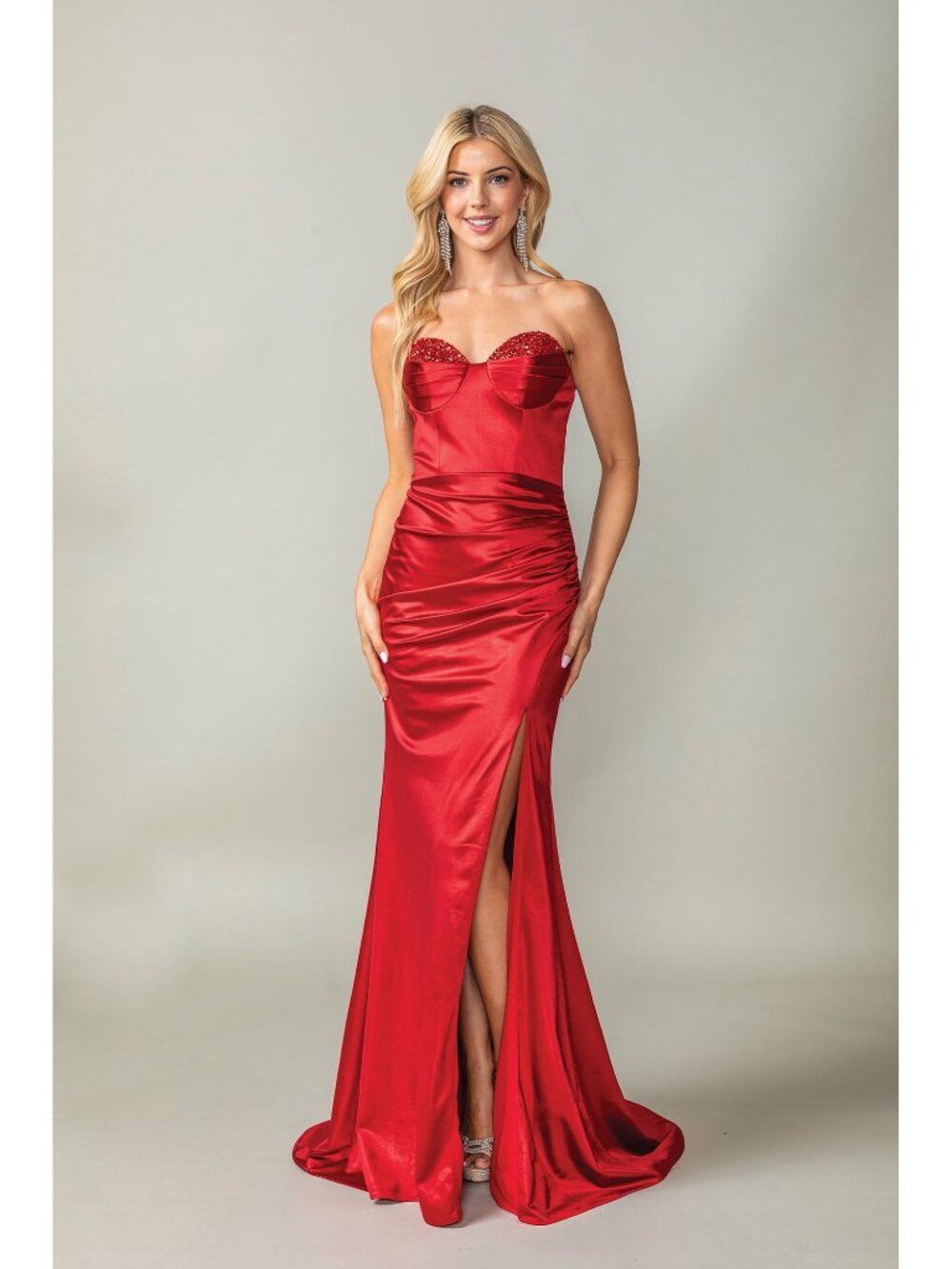NEW RED Satin Prom Gown Floor Length With Slit Formal Elegant 4407